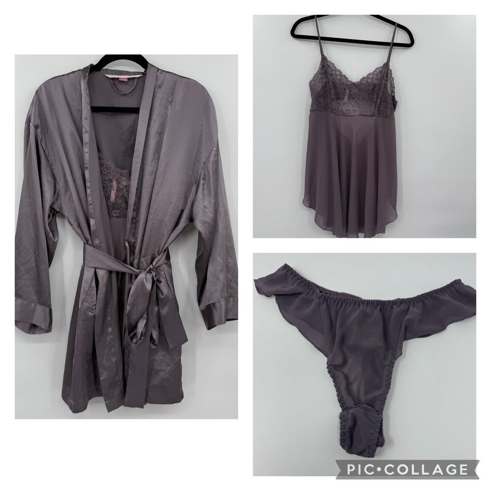 Vintage Victoria's Secret purple mauve babydoll chemise‎ robe thong set large
